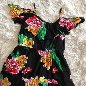 Tropical Print Midi Dress with Shoulder Ruffle